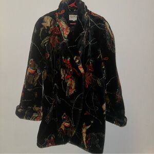 Vintage Royal Plush Faux Fur Western Cowboy Rodeo Print Coat Size M Made In USA